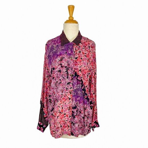 Carole Little 6 Pink Floral Button Down Top Big Shirt VTG  Art To Wear Fits M L - Picture 1 of 13